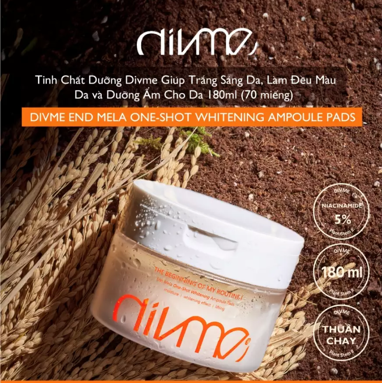 Ampould pad Tinh chất dưỡng ẩm làm trắng sáng da Divme 70pads/180ml (Màu cam)