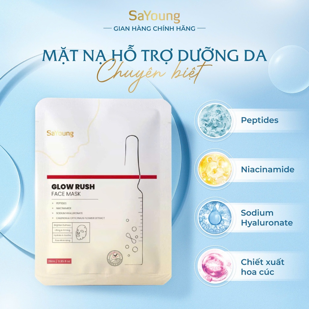 [NEW] MẶT NẠ HỖ TRỢ SÁNG DA "GLOW RUSH FACE MASK” Hộp 5 Miếng Dung Tích: 28ml/1 Miếng - Thương Hiệu: SaYoung - Skincare