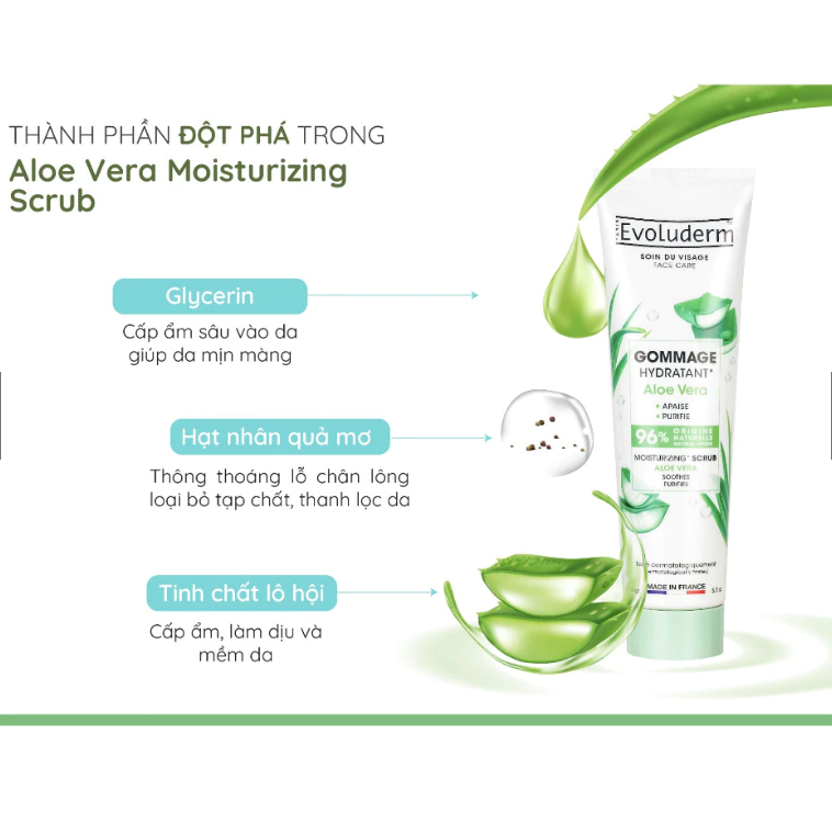 Tẩy TBC mặt thiên nhiên thuần chay Evoluderm tinh chất nha đam 150g 