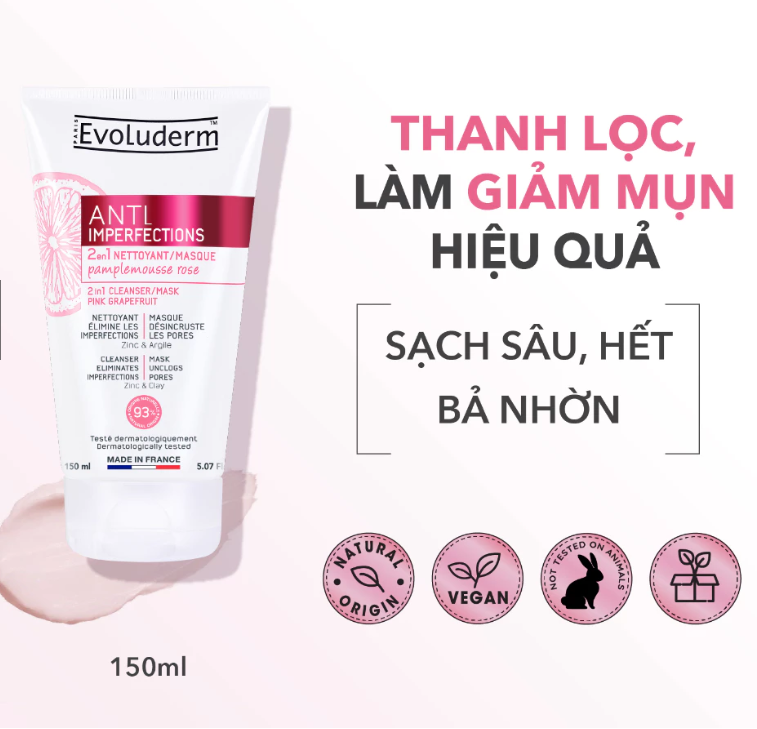 Sữa rửa mặt, mặt nạ 2 in 1 thiên nhiên thuần chay Evoluderm cho da dầu mụn 150ml