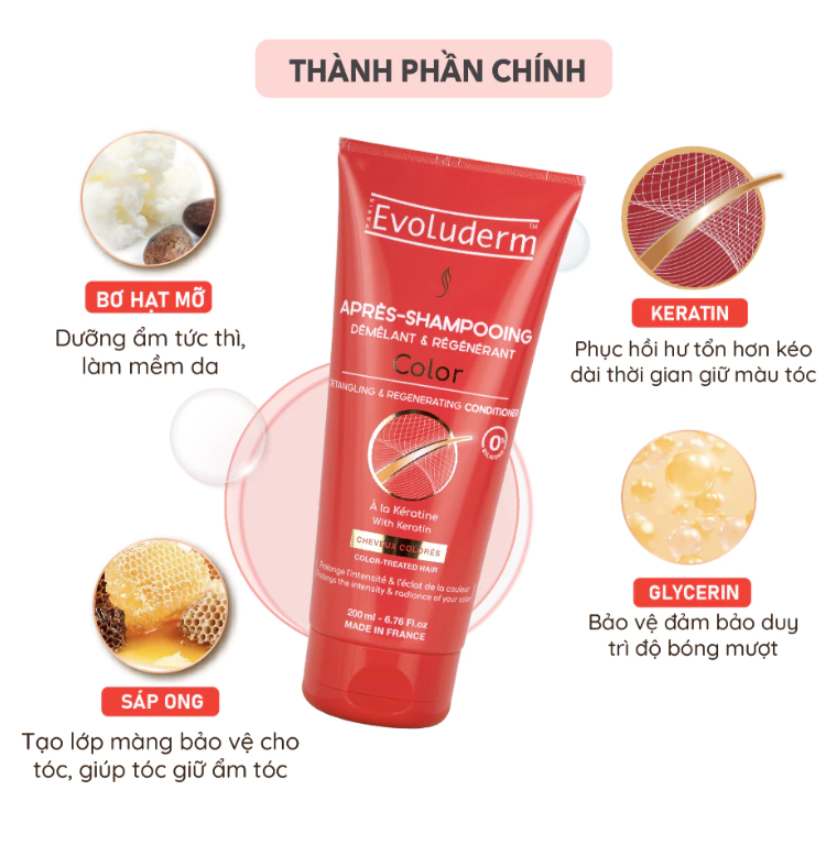 Dầu xả thiên nhiên không Silicon Evoluderm bổ sung Keratin dành cho tóc uốn nhuộm 400ml