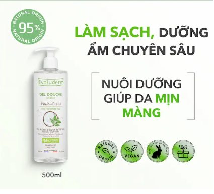 Gel tắm thiên nhiên thuần chay Evoluderm tinh chất Dừa, Trà xanh Evoluderm 500ml (20383)