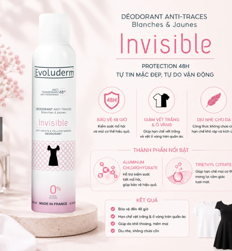 Xịt khử mùi cơ thể 48h giảm ố Anti Traces Evoluderm 200ml (15253)